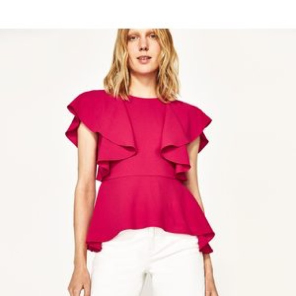 NWT Zara fuchsia frill sleeve peplum top